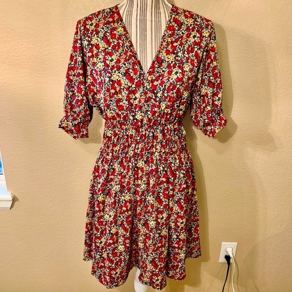SHEIN Dress Large Black Mini Red Yellow Floral Smocked Waist Puff Sleeves - Picture 1 of 16